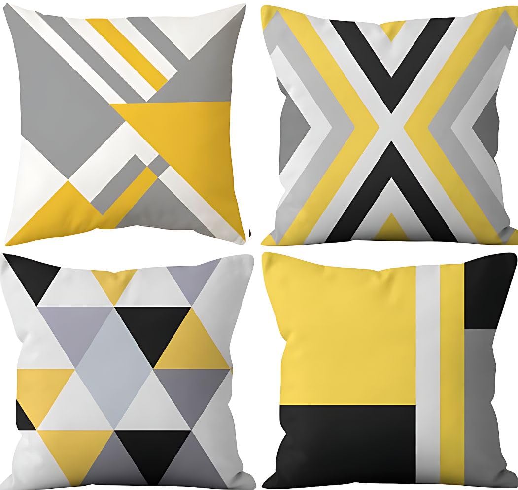 Hopomoon Yellow and Gray Abstract Throw Pillow Covers 18x18 Inch Set of 4,Modern Geometric White Linen Decorative Pillowcases for Couch, Sofa, Living Room, Farmhouse Home Decor