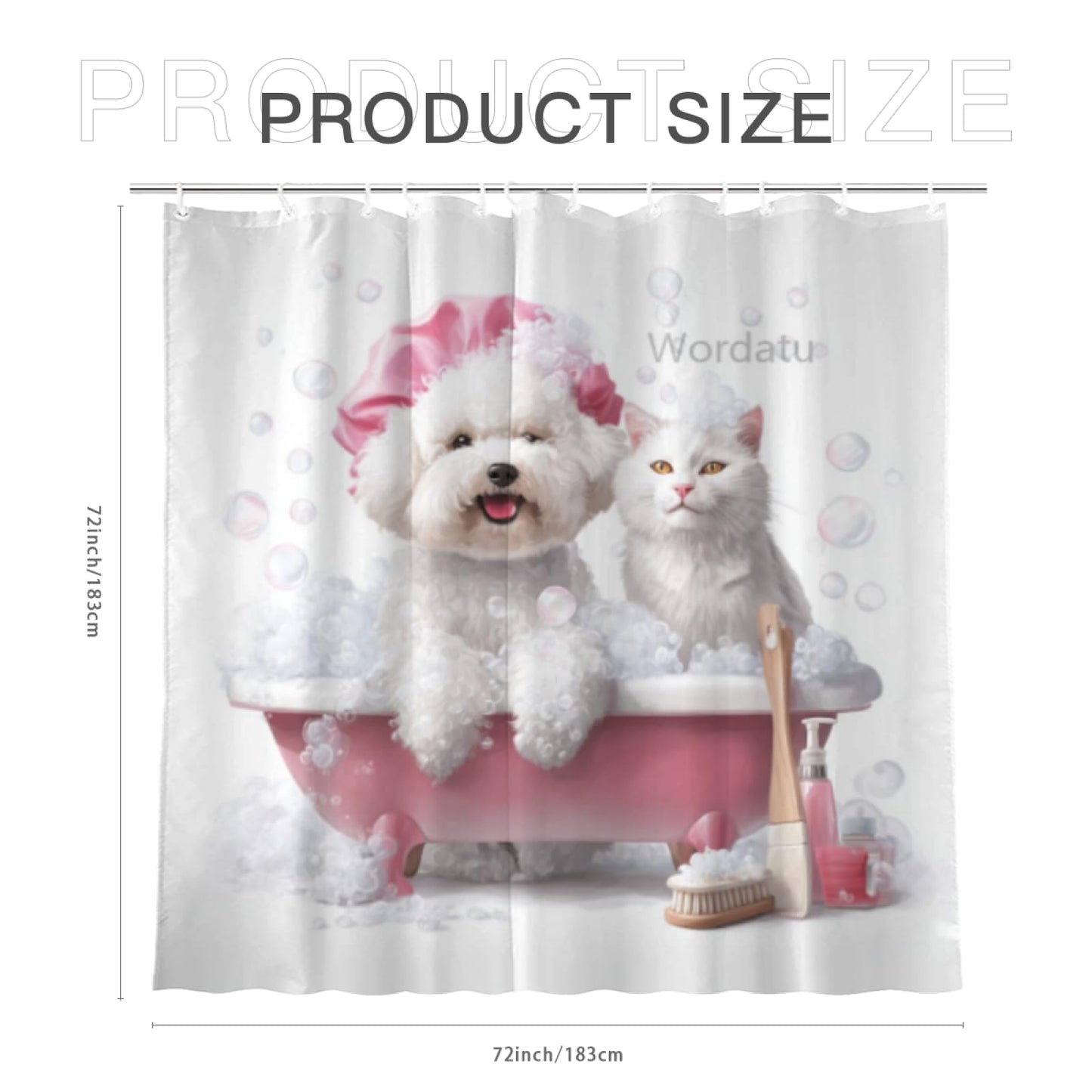 Wordatu Funny Bichon Frise Shower Curtain Decor Fabric Bathroom Curtains, Kids Children Cartoon Waterproof 72x72 inch with 12 Hooks