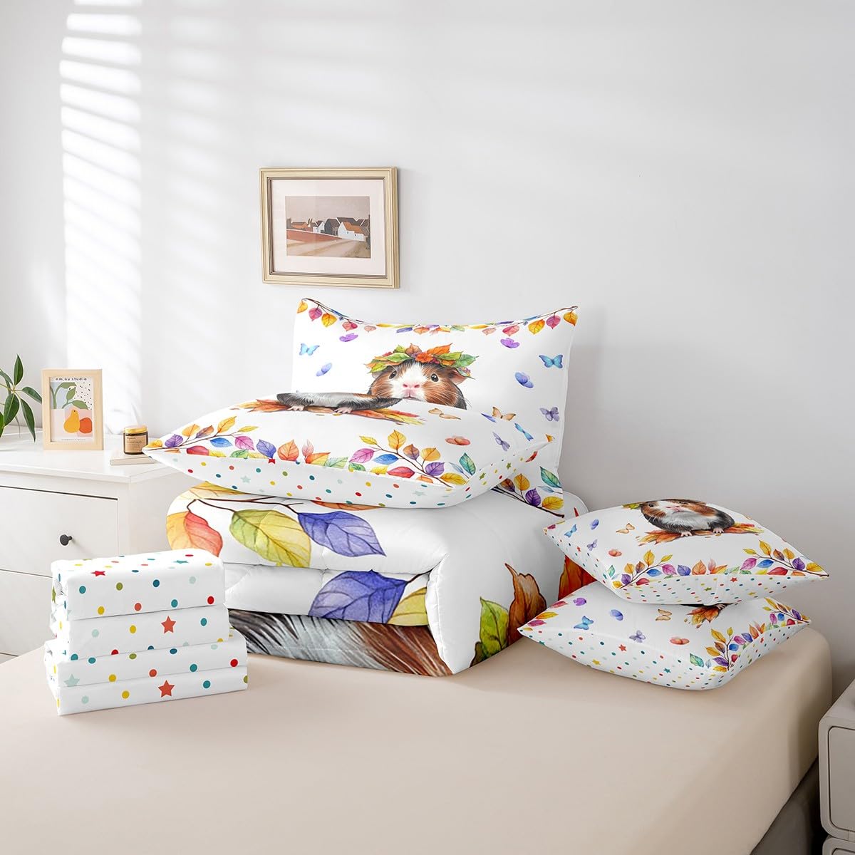 Kawaii Guinea Pig Bedding Comforter Sets 7pcs for Boys Girls Cartoon Animal Queen Bedding Sets, Colorful Butterfly Bed in a Bag Rainbow Eucalyptus Leaves Comforter Set, Cute Polka Dots Reversible