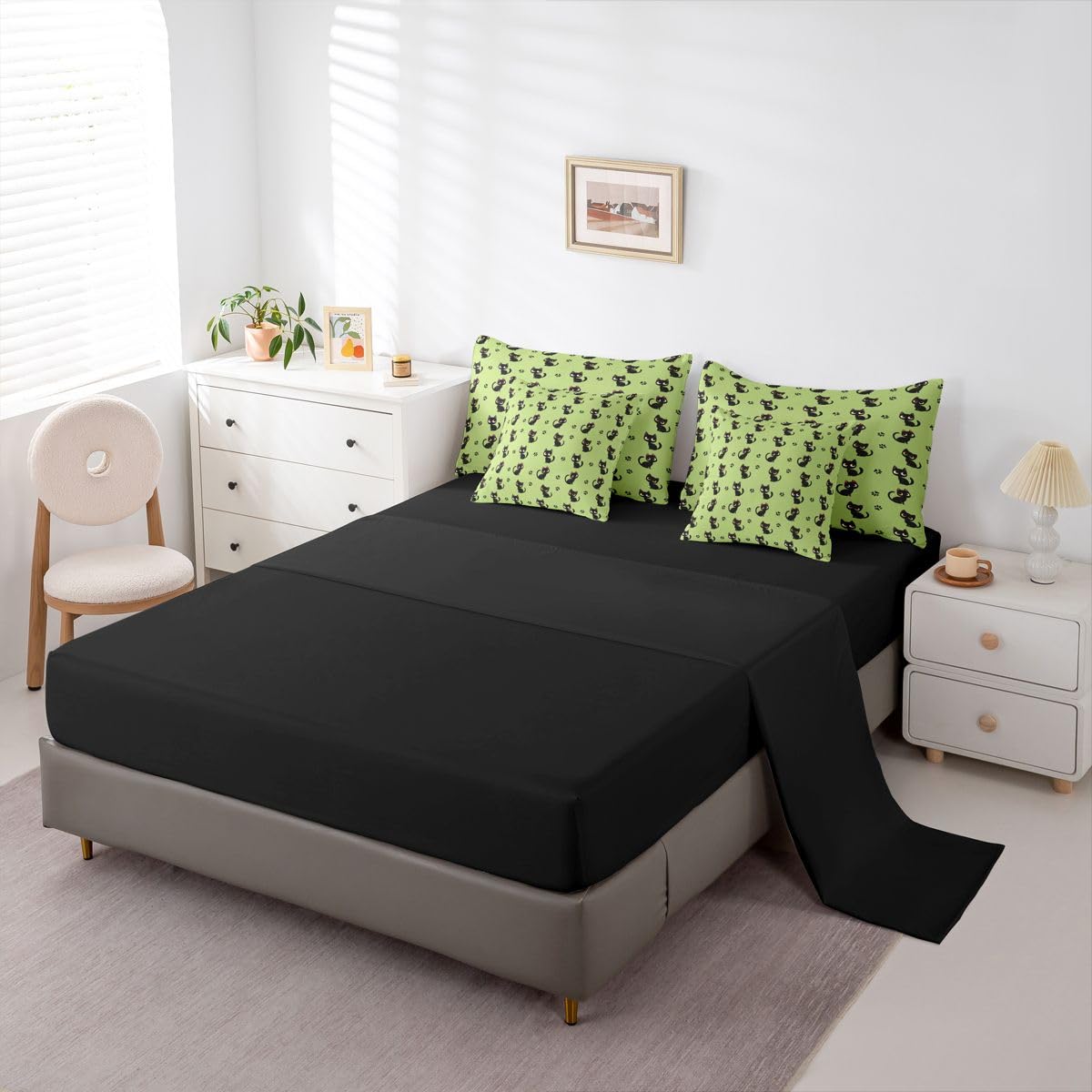 Cute Black Cat 7-Piece Bedding Set Full Size for Kids Boys Girls (Green Black) - Funny Cute Kitten Bed in a Bag Cartoon Black Cats Comforter Set with Sheets Kawaii Cat Paw Print Duvet Insert