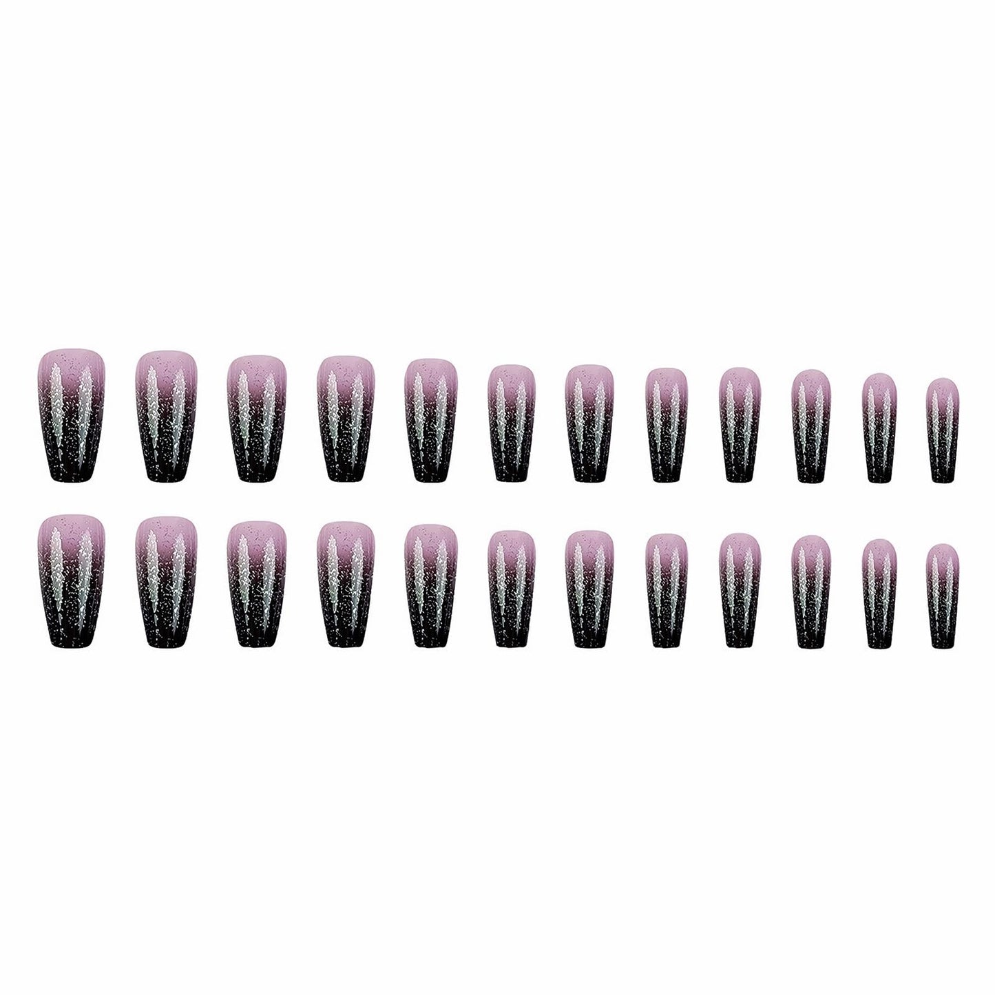 MISUD Press on Nails - Long Coffin Glue on Nails with Goth Black Purple, Acrylic Bling Glitter Design 24 pcs