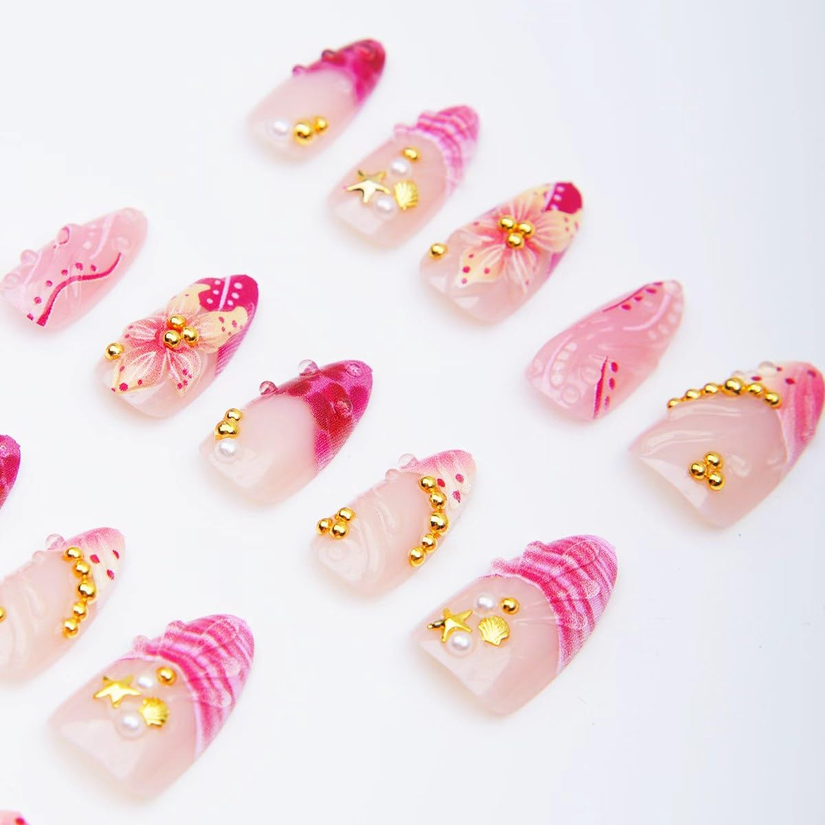 24Pcs Pink Flower Press on Nails Medium Almond French Tip Fake Nails with 3D Gold Gems Design Starfish Pearl False Nails Nude Full Cover Artificial Glue on Nails Handmade Stick on Nails for Women DIY