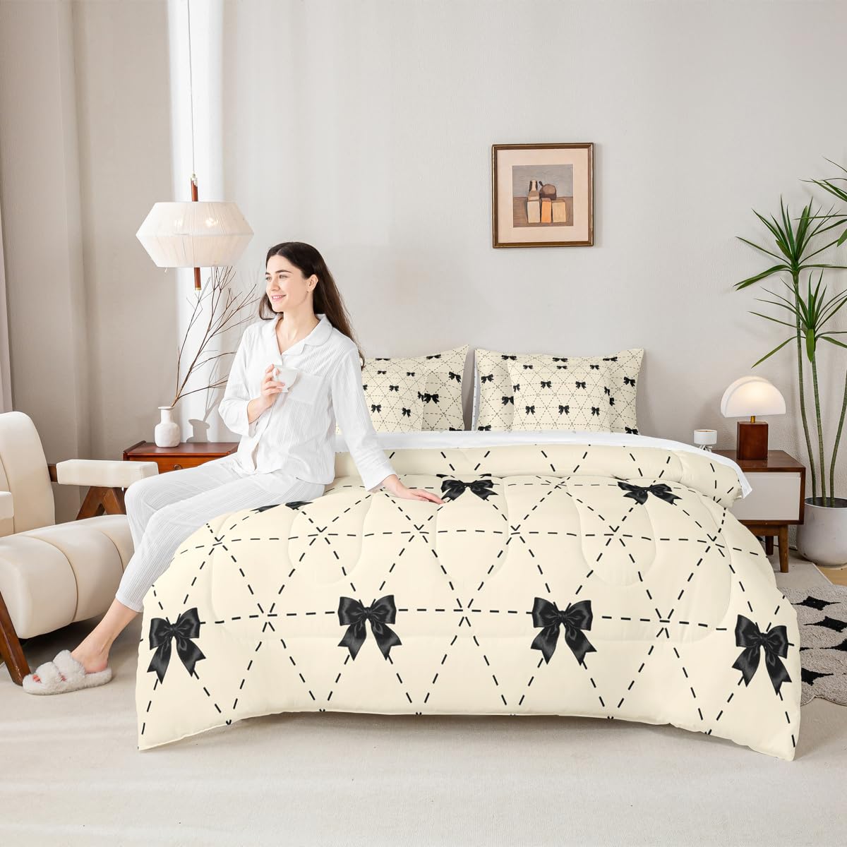 Erosebridal Black Bow 7 Piece Comforter Set King for Kids Bedroom | Modern Bow Tie Bedding Set for Girls Coquette Bows Comforter with Sheets Girly Bowknot Striped Geometric Soft Warm Quilt Duvet