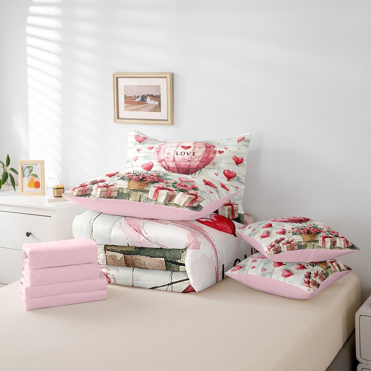 Erosebridal Hot Air Balloon Comforter Set Romantic Roses Valentine's Day Full Bed in A Bag Pink Love Balloon Gift 7 Piece Bedding Set Watercolor Strip Couple Bed Set for Teen Adults Men Women