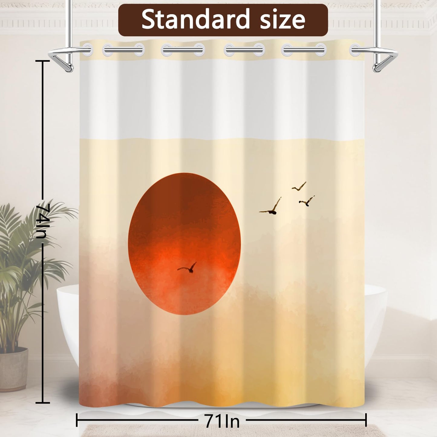 NAEMBCU No Hook Shower Curtain with Snap-in Liner, Sunset Silhouette Black Birds Design with Mesh Top Window, Waterproof Double Layer Nature Bathroom Decor, 71 x 74 Inch