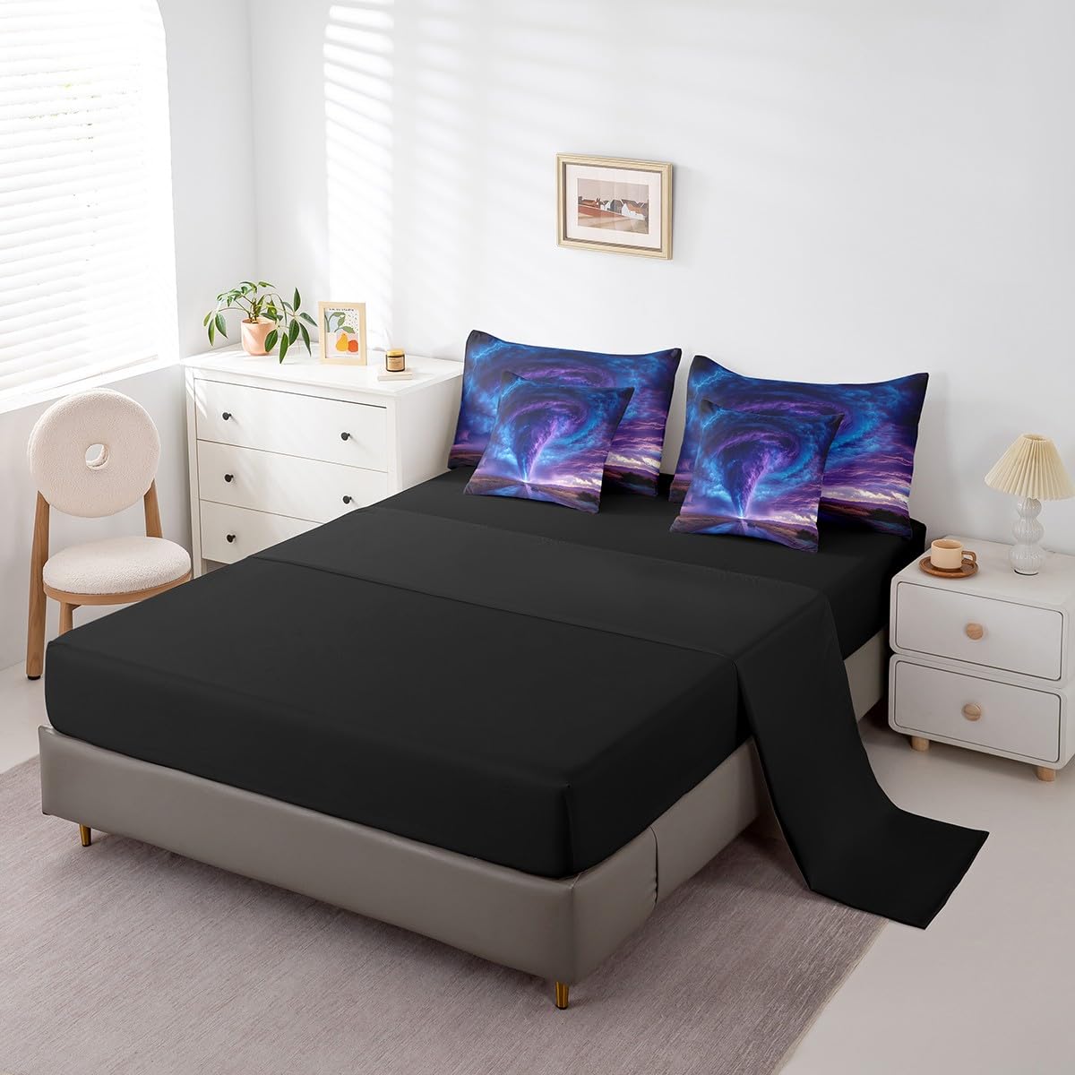 Erosebridal Nature 7 Pcs Comforter Set Queen Size,Ombre Lightning Tornado Bed in a Bag with Flat Fitted Sheet for Kids Teens Adult,Dreamy Purple Blue Bedding Set with Pillowcase and Sham Reversible