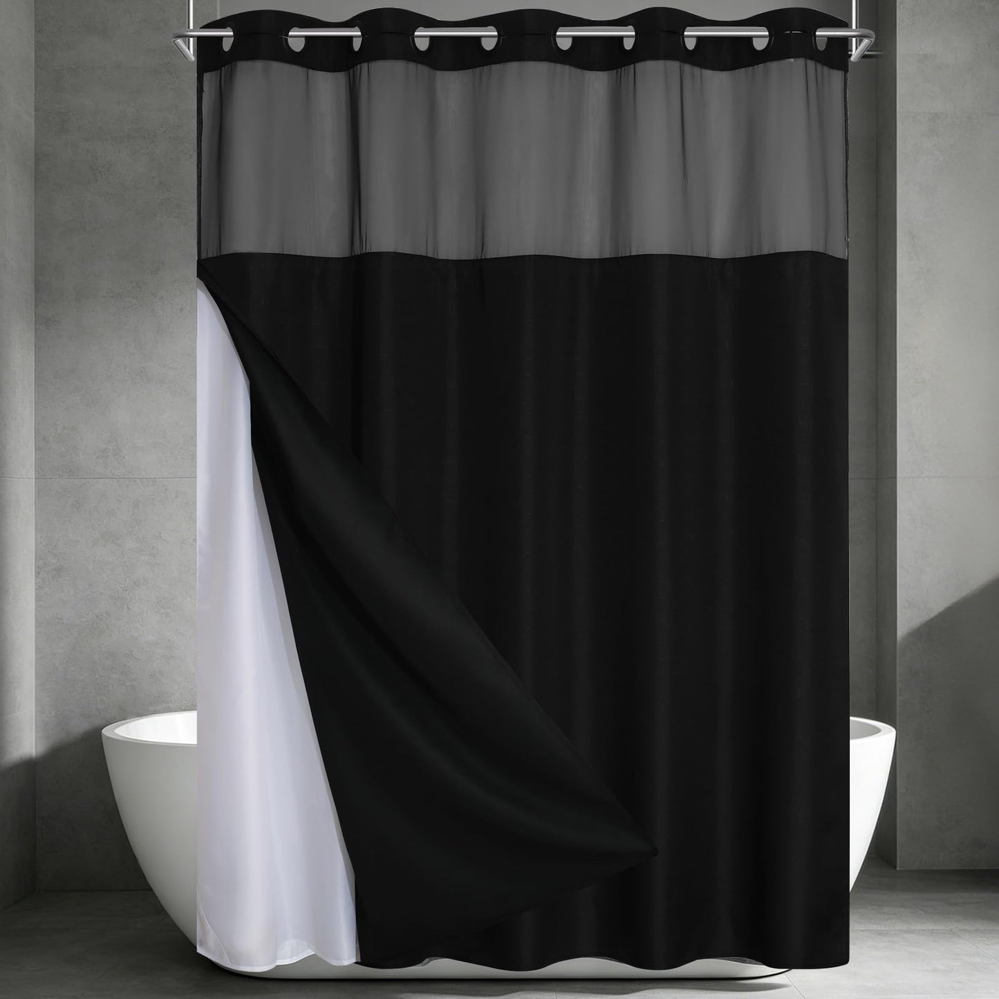 Blotixn No Hook Slub Textured Shower Curtain with Snap in Fabric Liner, Modern Hotel Style with See Through Top Window, Black Fabric Outer Curtain & Waterproof Inner Liner, 72 * 75 in