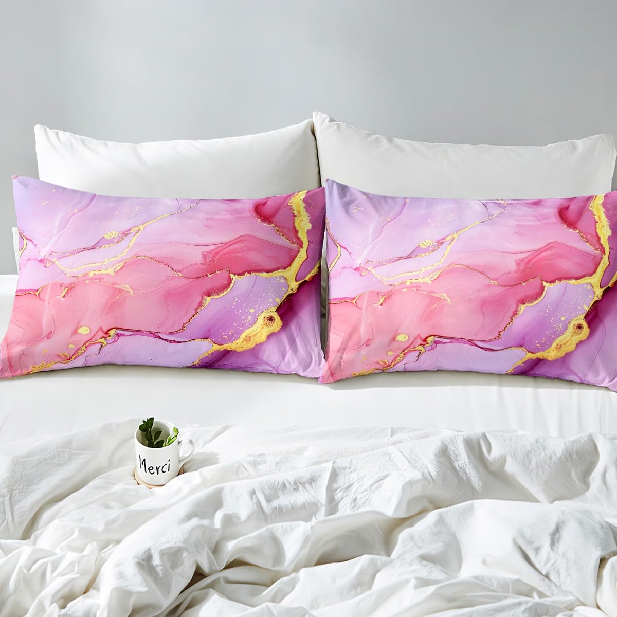 Chic Girly Fitted Sheet Twin, Marble Printed Bedding Sets - Gold Glitter Pink Purple and White Marble Abstract Art Bed Sheets, Soft Microfiber Modern Bedding Decor Set