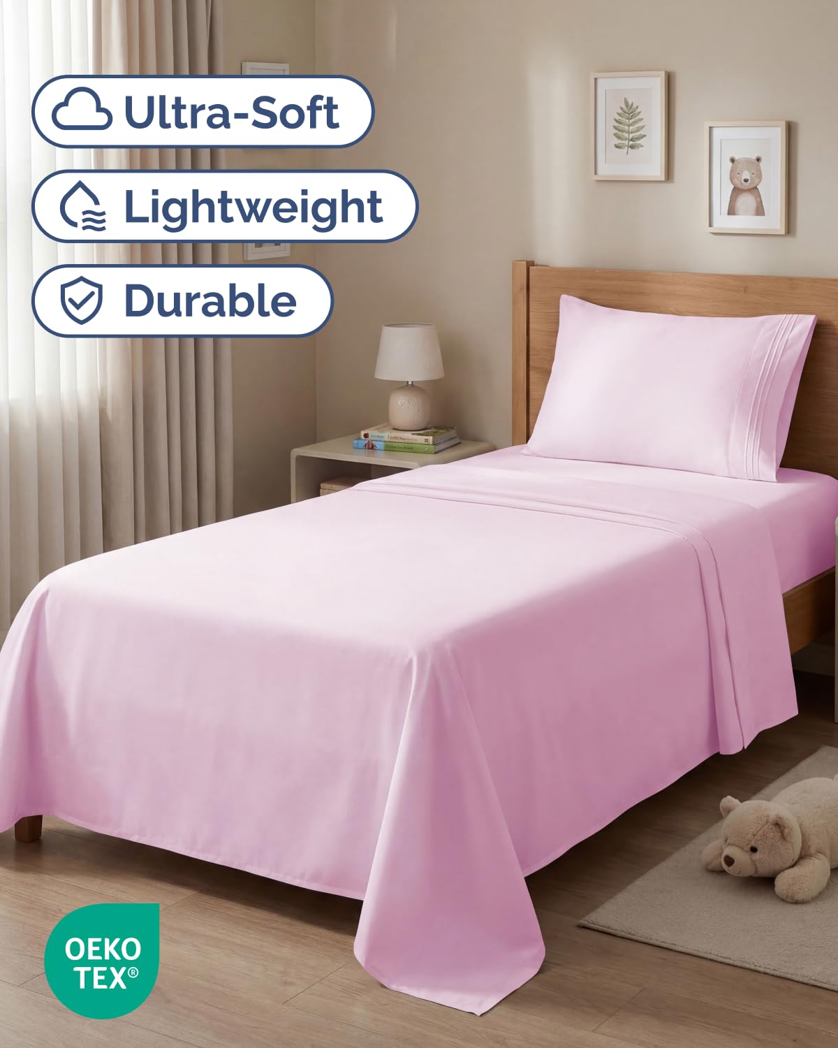 Twin Size 3 Piece Sheet Set - Comfy Breathable & Cooling Sheets - Hotel Luxury Bed Sheets for Women and Men - Deep Pockets, Easy-Fit, Soft and Wrinkle Free Sheets - Light Pink Oeko-Tex Bed Sheet Set