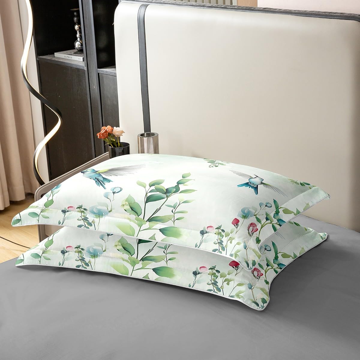 Erosebridal Turquoise Hummingbird Full Bedding Set, Abstract Grass Green Leaf 100% Cotton Duvet Cover for Kids Adults, Boho Mint Green Comforter Cover, Watercolor Botanical Aesthetic Bedclothes