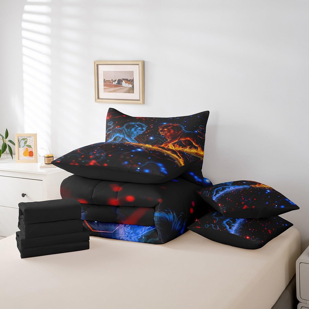 Lion Bed Set Wild Animal 7 Pieces Bedding Set for Kids Safari Print Bed in a Bag with Comforter, Sheets, Pillowcases Women Men Ultra Soft Decor Dot All Season Breathable Lightweight Twin Size