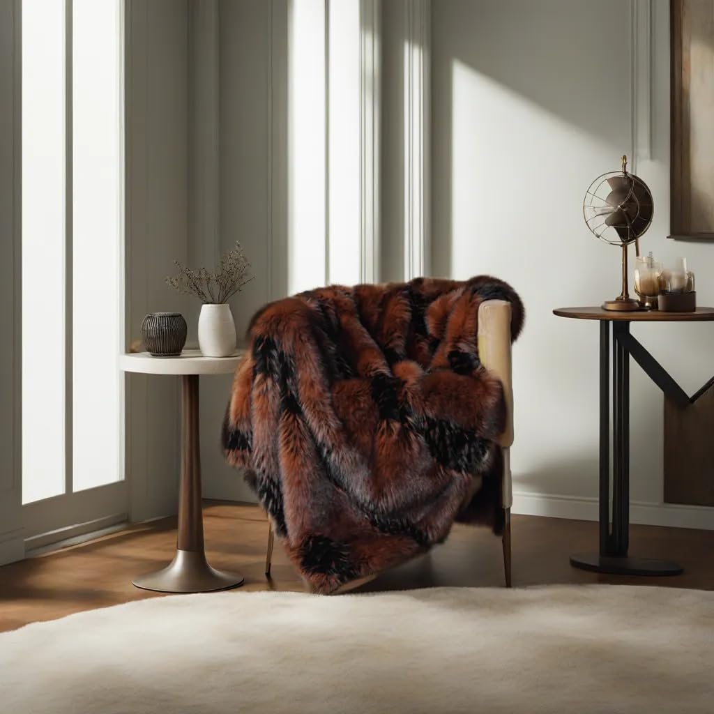 inchgrass Fox Faux Fur Blanket Luxury Fur Throw Blanket Sofa Fluffy Blanket Super Warm Elegant Cozy Fuzzy Throw Blankets for Couch,Armchair and Bed Washable Plush Blankets 74"x90" Brown Throw Blanket
