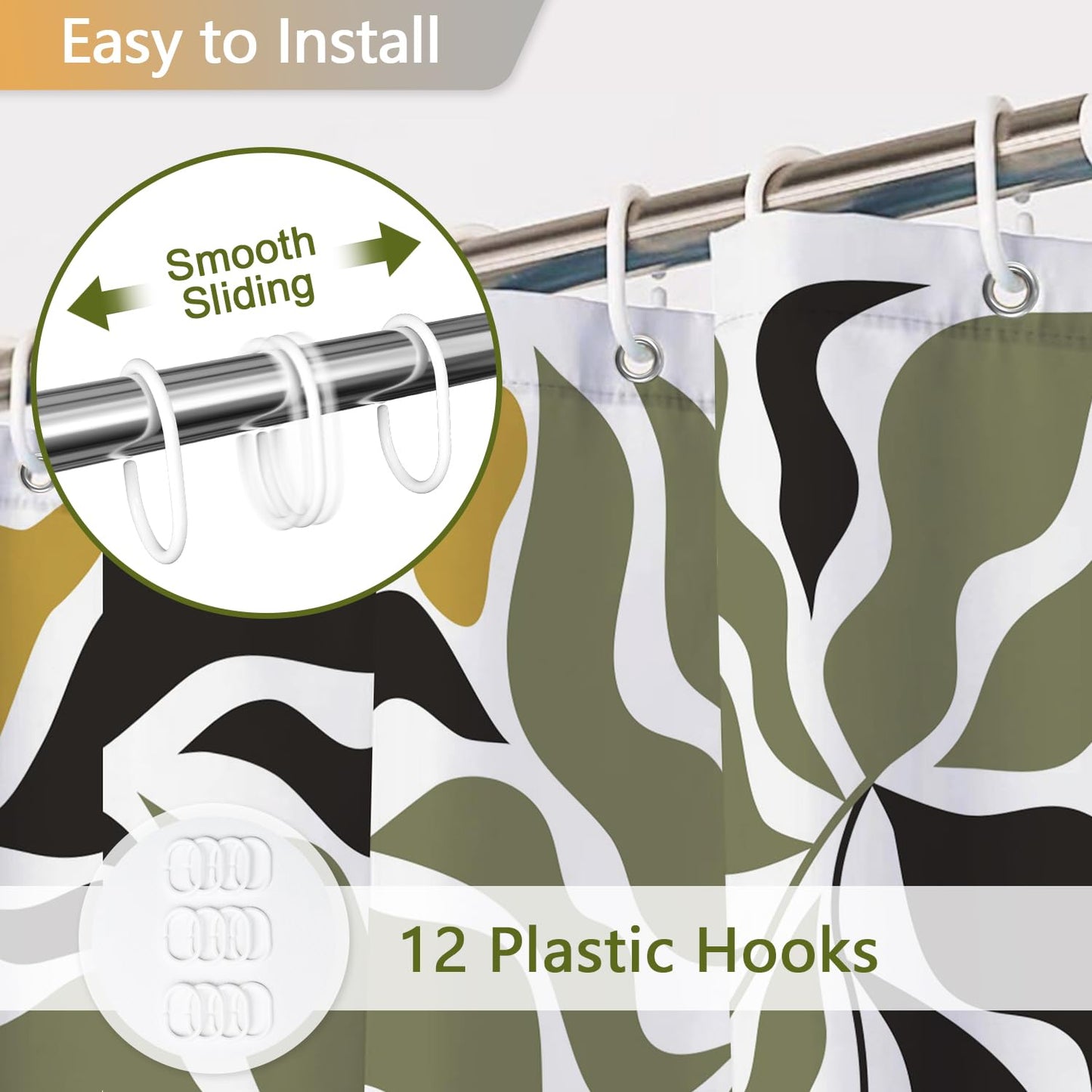 Olive Green and Black Abstract Leaf Shower Curtain, Modern Boho Plant Botanical Pattern Bathroom Curtains, Polyester Fabric Shower Curtain and Weighted Hem, Waterproof Washable with Hooks, 72x72 Inch