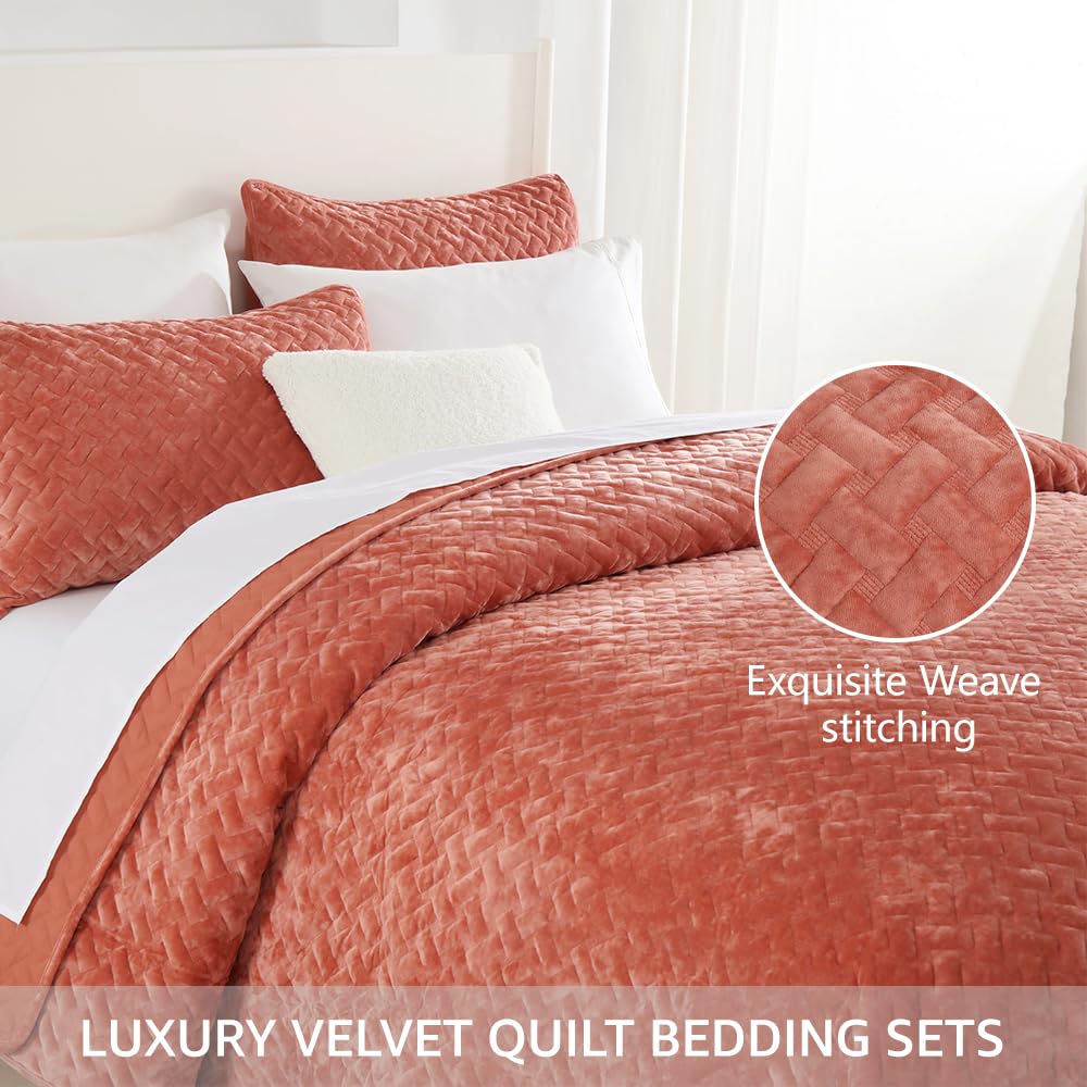 Liians Velvet Bedspread Quilt Bedding Sets,Luxury Elegant Ultra Soft Velvet Comforters Coverlet Blankets,Weave Stitching Pattern Cotton Quilted Bedspread for All Seasons,Orange,King Size