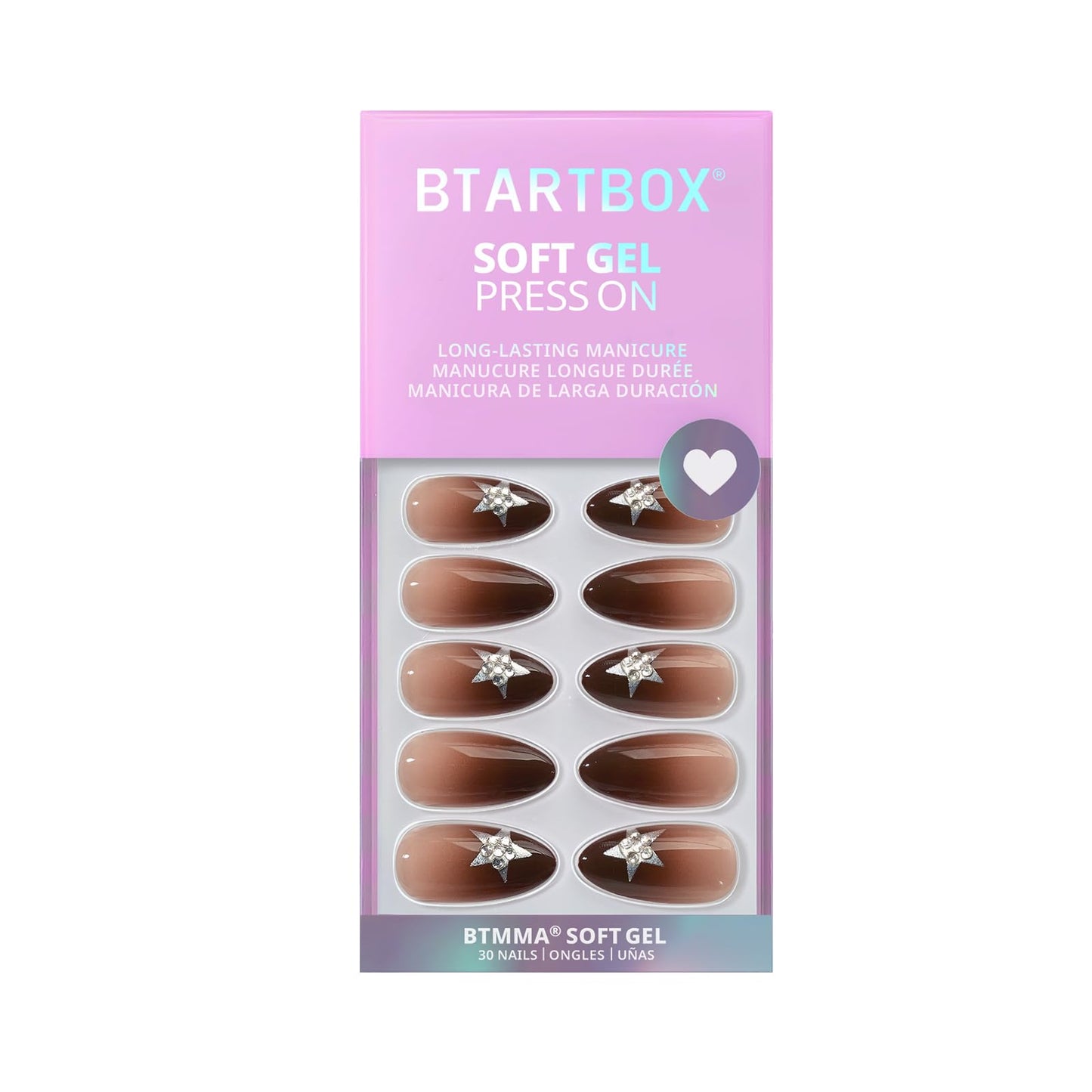 BTArtbox Press On Nails Medium - Starry Spice, Brown Almond Press On Nails with Glue and Adhesive Tabs for Women, Rhinestone Star Soft Gel Glue On Nails in 15 Sizes - 30 Stick On Nails Kit