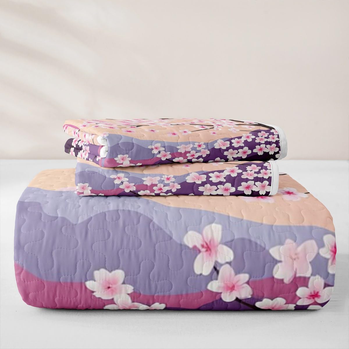 Erosebridal Cherry Blossoms Quilt Queen Pink Flowers Quilt Set Japanese Style Quilted Bedspread Branches Plant Floral Bedding Coverlet