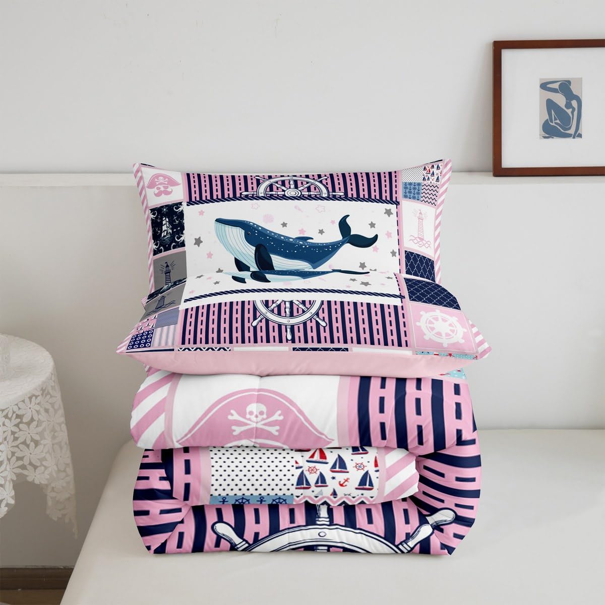Homewish Nautical Comforter Set Queen Size,Whale Stars Anchor Lighthouse Bedding Set for Women Adult,Pink Grid Stripes Geometric Luxury Bed Duvet Insert, 2 Pillowcases