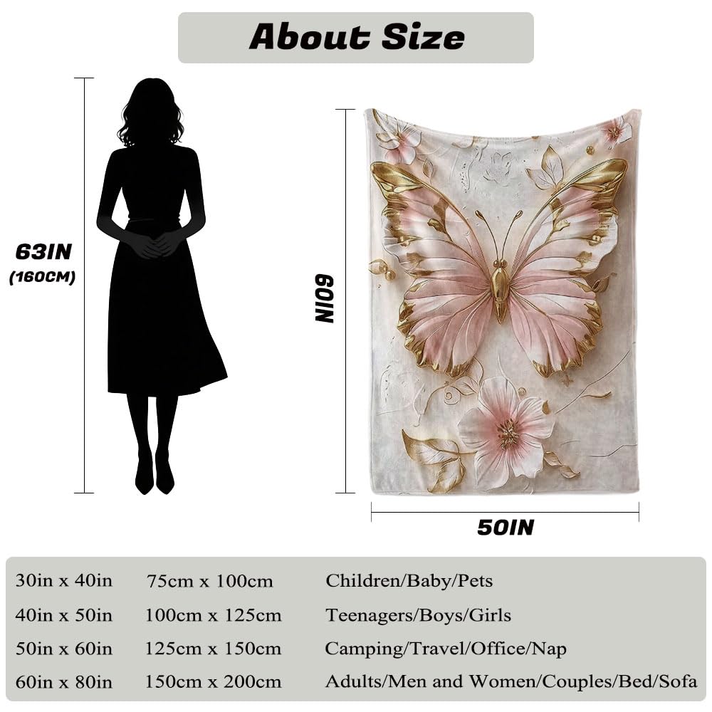 HUNXIAOJ Butterfly Print Throw Blanket Floral Butterfly Blanket Insect Throw Warm Soft Flannel for Adults Bed Sofa Couch (50 in x 60 in)