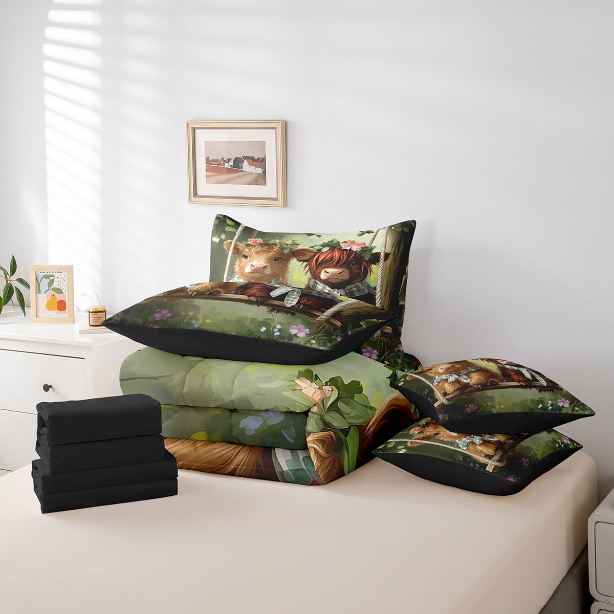 Erosebridal Highland Cow Comforter Set King Size,Western Cow Bedding Set for Kids Teens,Farmhouse Animal (Comforter+Fitted+Flat Sheet+2 Pillowcases+2 Throw Pillow Covers) 7 Pieces Bed Set