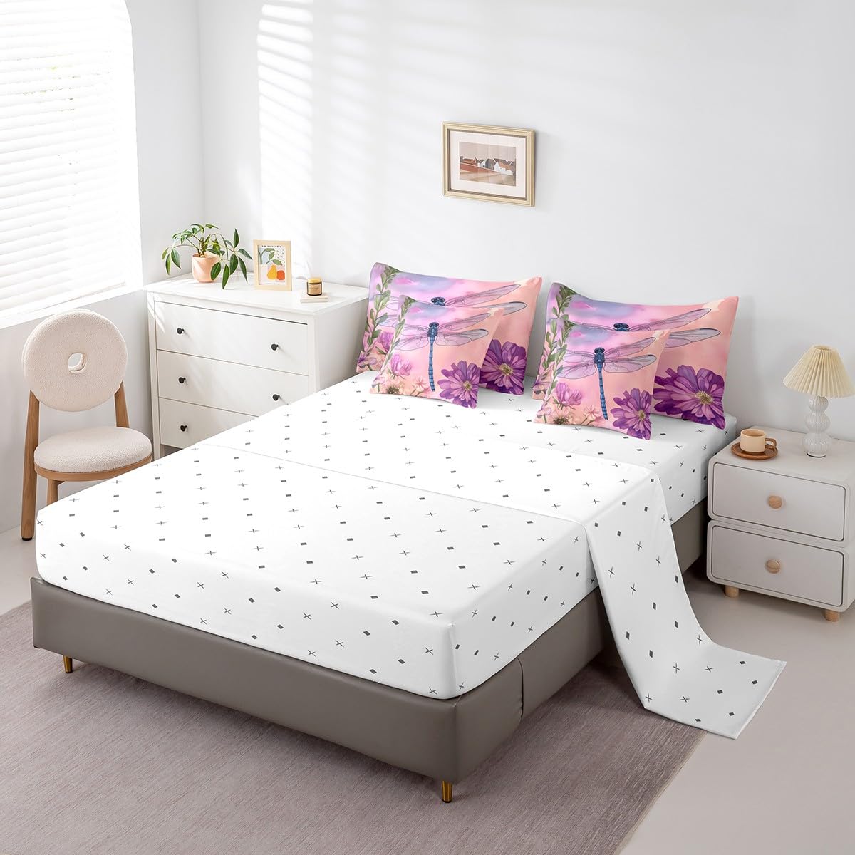 Erosebridal Dragonfly Full Size Bed Sheets and Comforter Set,Flowers 7 Piece Bedding Set Purple Tie Dye Dragonflies Bed in a Bag,Garden Rustic Aesthetic Animal Farmhouse Decor Bed Sets