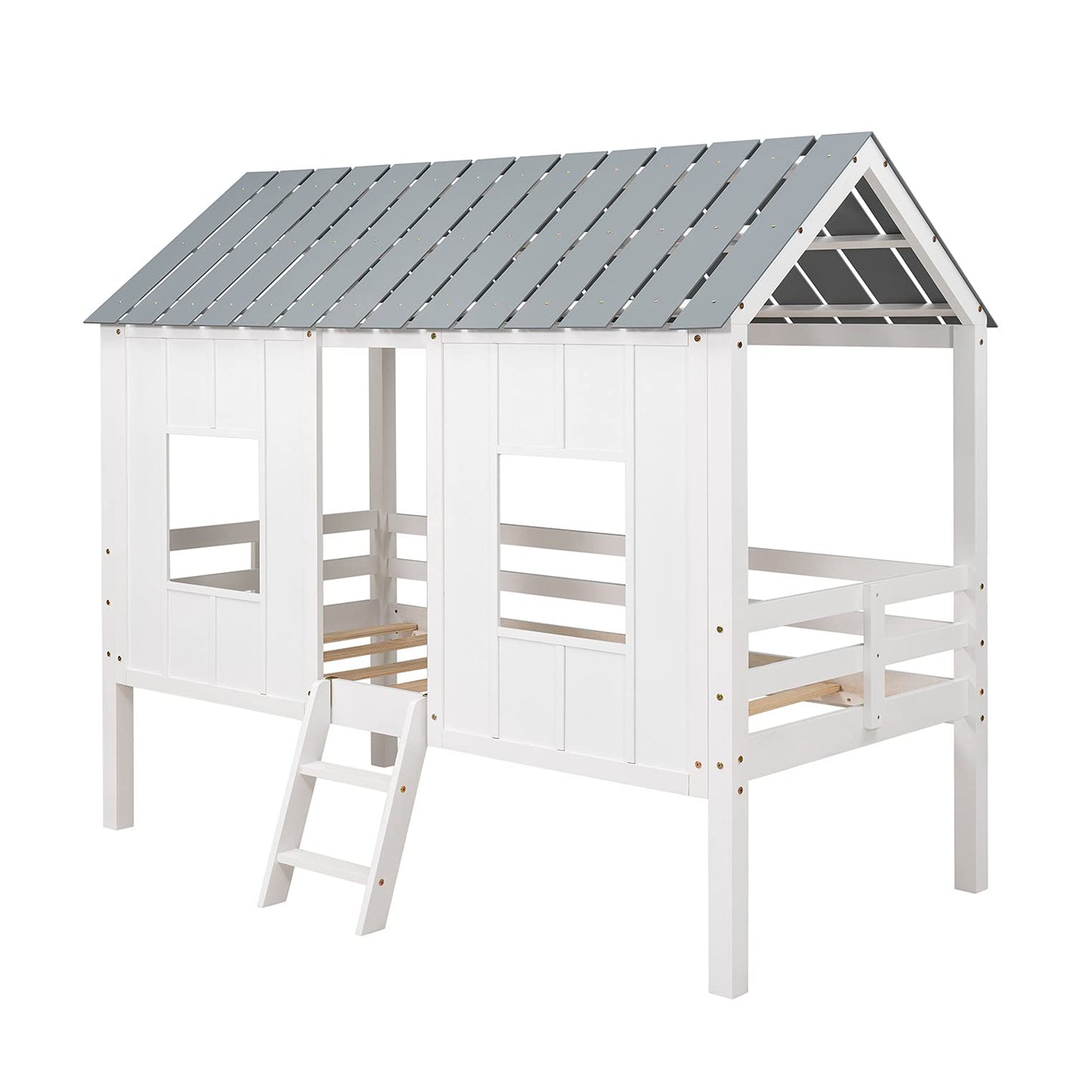 Twin Size Wooden House Bed with Ladder, Kids Low Loft Bed with Two Front Windows, White