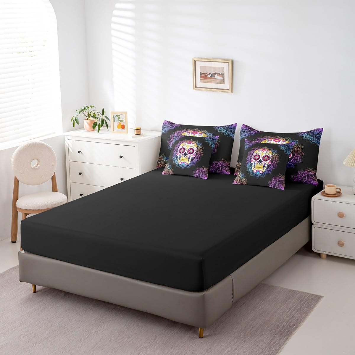 Erosebridal Sugar Skull Full Size Bed Sheets and Comforter Set,Bohemian Mandala 7 Piece Bedding Set Boho Floral Gothic Bone Bed in a Bag,Tribe Exotic Flower Halloween Skeleton Decorations