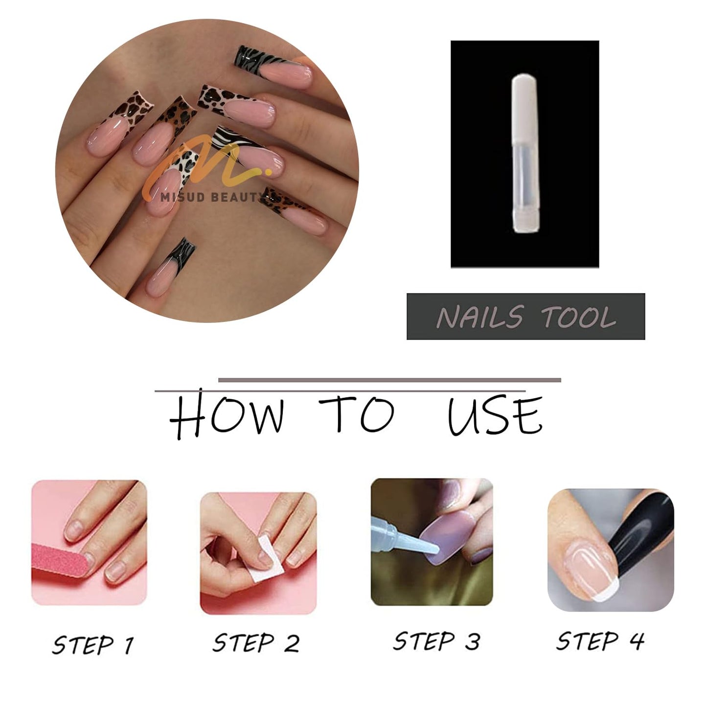 MISUD Press on Nails - Long Square Fake Nails with French Tip, Acrylic Cheetah Cow Print Design 24 pcs