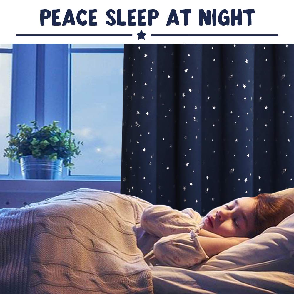 PrinceDeco Blackout Kids Curtains for Bedroom Thermal Insulated Silver Twinkle Star Curtains for Boys Antique Grommet Top Window Treatment 2 Panels Drapes for Nursery (52" W x 84" L, Navy/Silver)