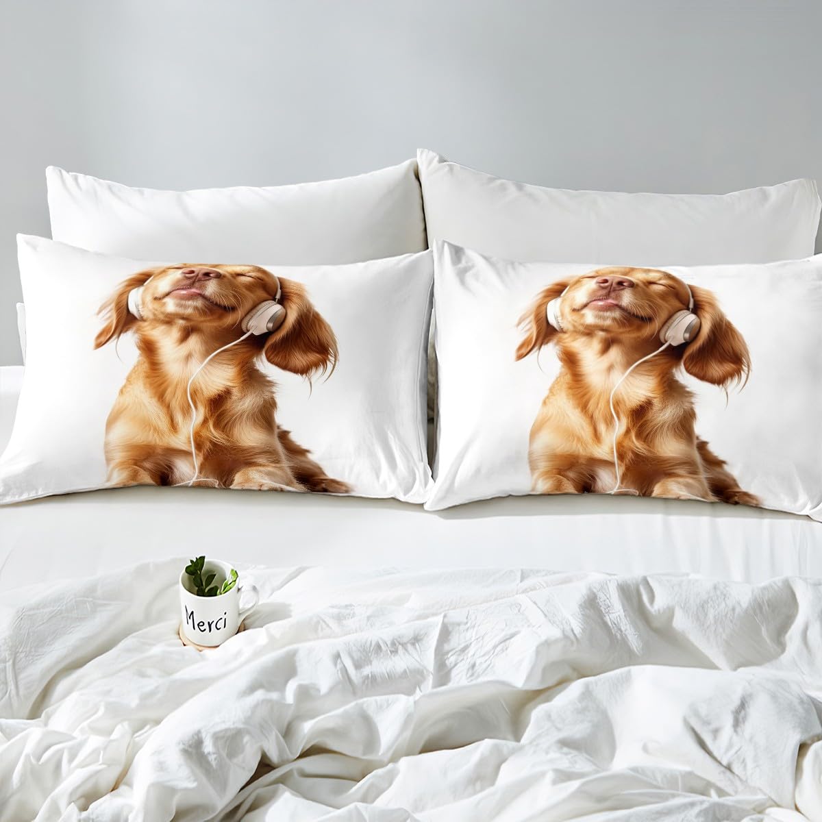 Erosebridal Kawaii Dog Comforter Cover Set King for Kids Boys Girls Yellow Puppy Dog Bedding Set for Women Men Kawaii Room Decor, 3D Cute Animal Duvet Cover Headphones Music Theme Quilt Cover