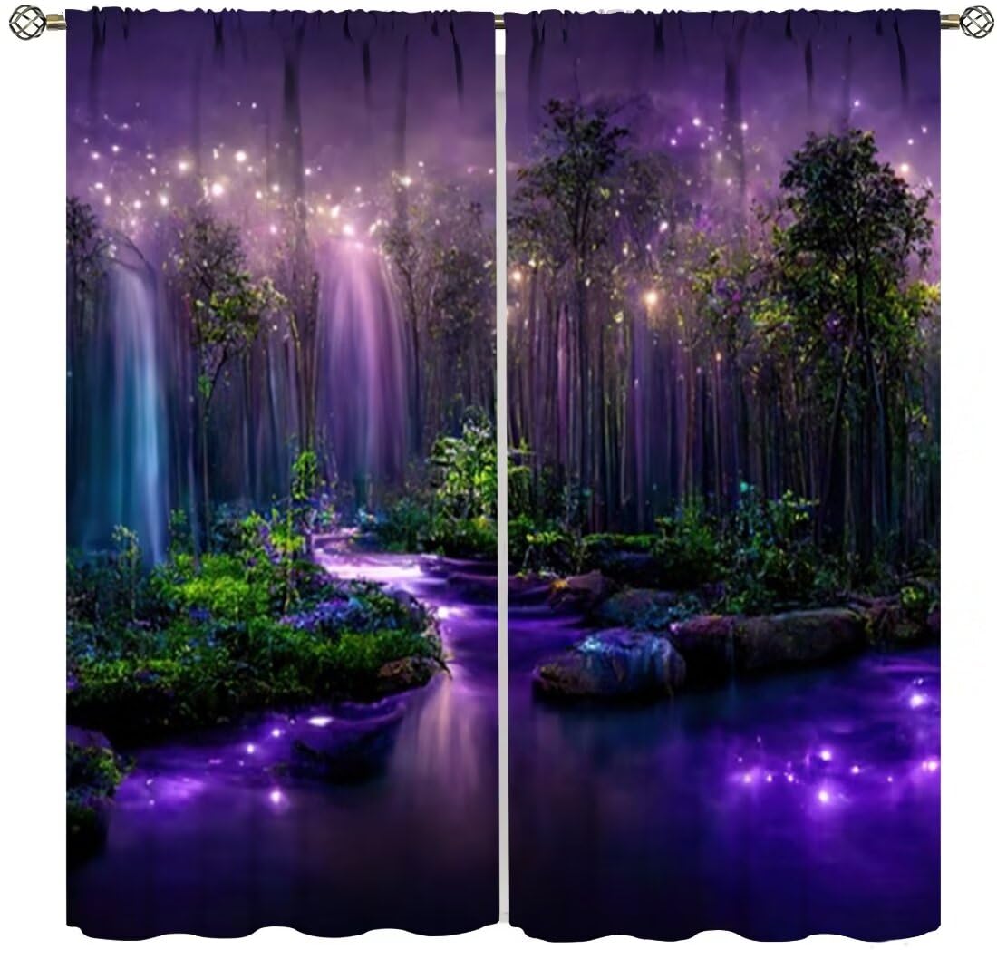 DDCBNS Fantasy Forest Curtains,Purple Magical Nature Landscape Window Treatments for Bedroom Living Room Dreamland Scenery Waterfall Drapes 2 Panels Set,Total Size 42 x 45 Inch