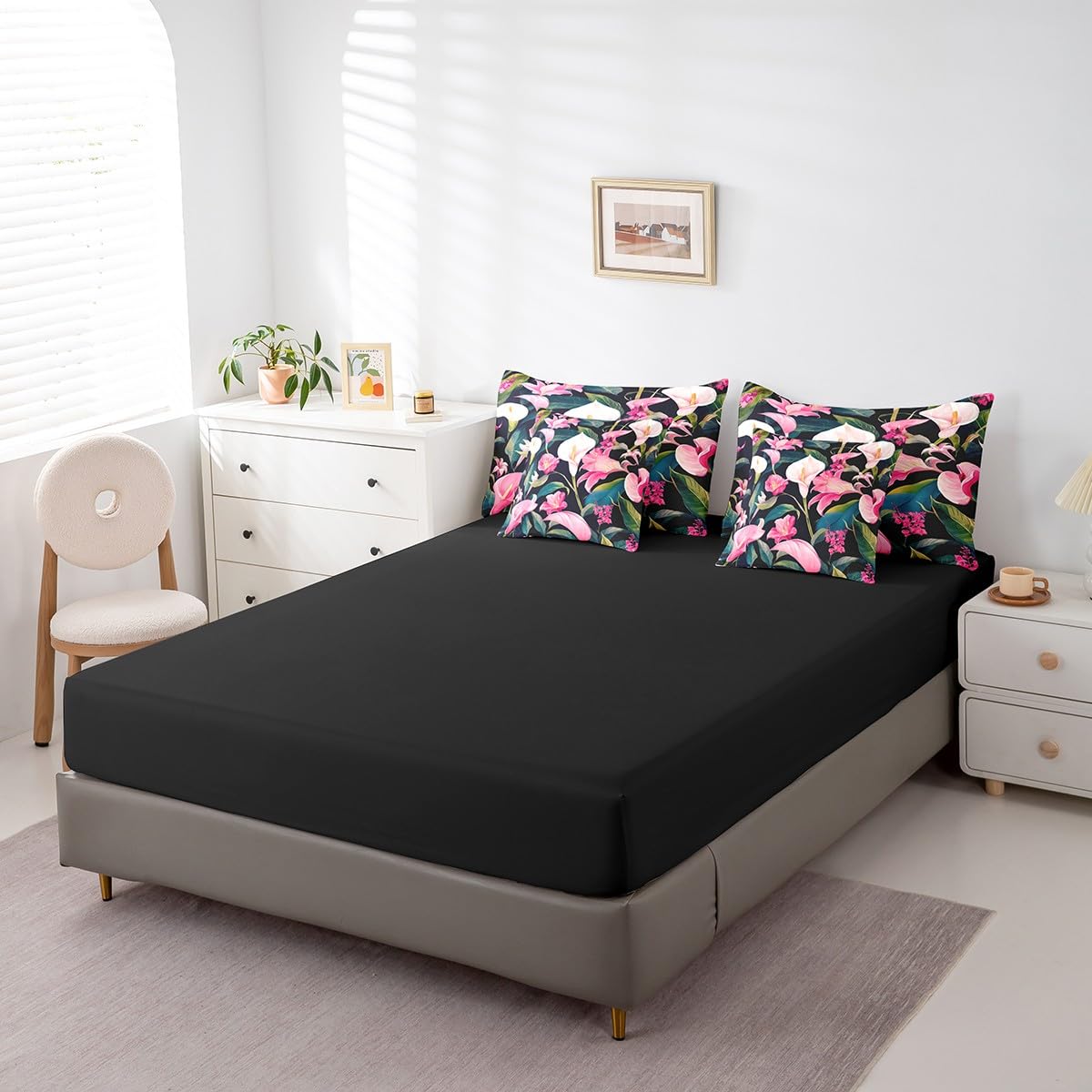Feelyou Flower Comforter Set King Size 7 Pieces Palm Leaf Bedding Set for All Season Floral Blossom Tropical Botanical Nature Theme Bed in a Bag with Comforter, Sheets, Pillowcases & Cushion Cover