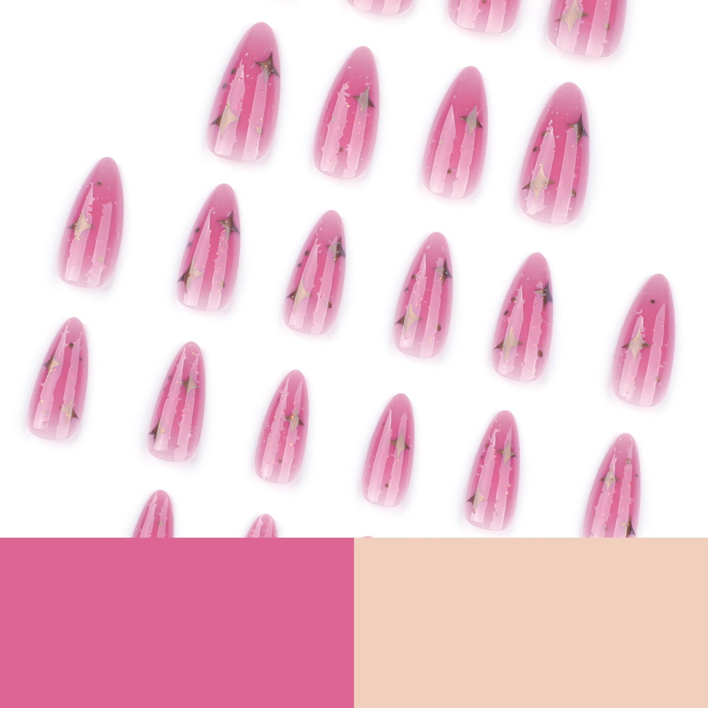IMSOHOT Pink Press on Nails Medium Almond Fake Nails with Golden Star Designs Full Cover Glossy Acrylic False Nails Finger Manicure for Women Girls Ombre Cute Glitter Glue on Nails 24Pcs