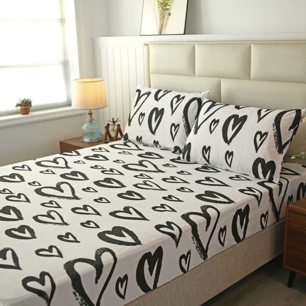 SDIII 4 Pieces Love Heart Sheets Set Twin, Soft Microfiber Black and White Heart Sheets Twin, Romantic Hearts Bedding Sheet Shrink and Fade Resistant