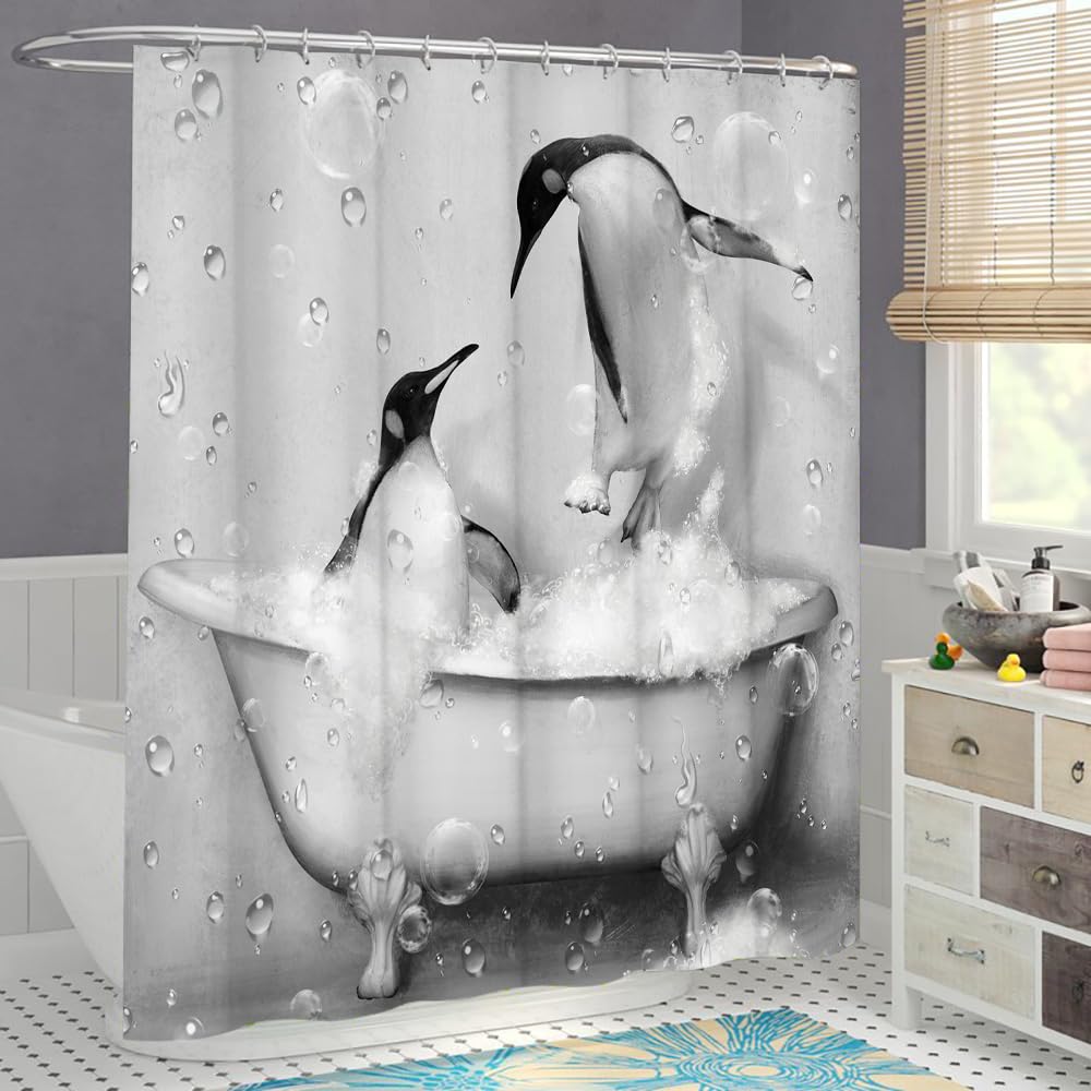 KREATIVE ARTS Funny Penguin Shower Curtain Cute Animal Takes Bath in Grey Bathtub with Bubbles Bathroom Curtain Fabric Shower Curtain Bathroom Accessories 12 Hooks 72x72