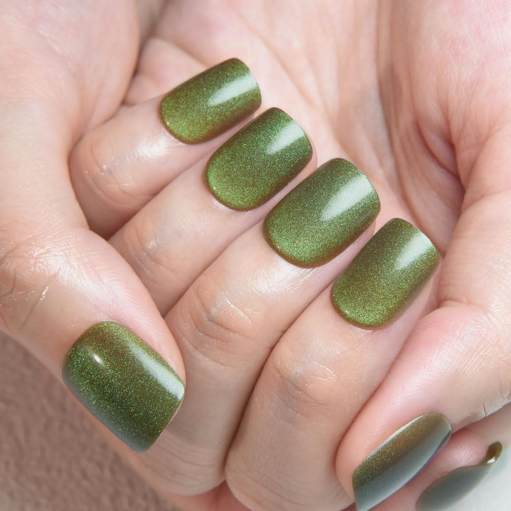 evpct Light Green Cat Eye Extra Short Press on Nails Square No Glue, Petite Short Square Stick on Nails for Women, Light Green Metallic Glitter Glossy Reusable Press on Acrylic Fake Nail with Designs