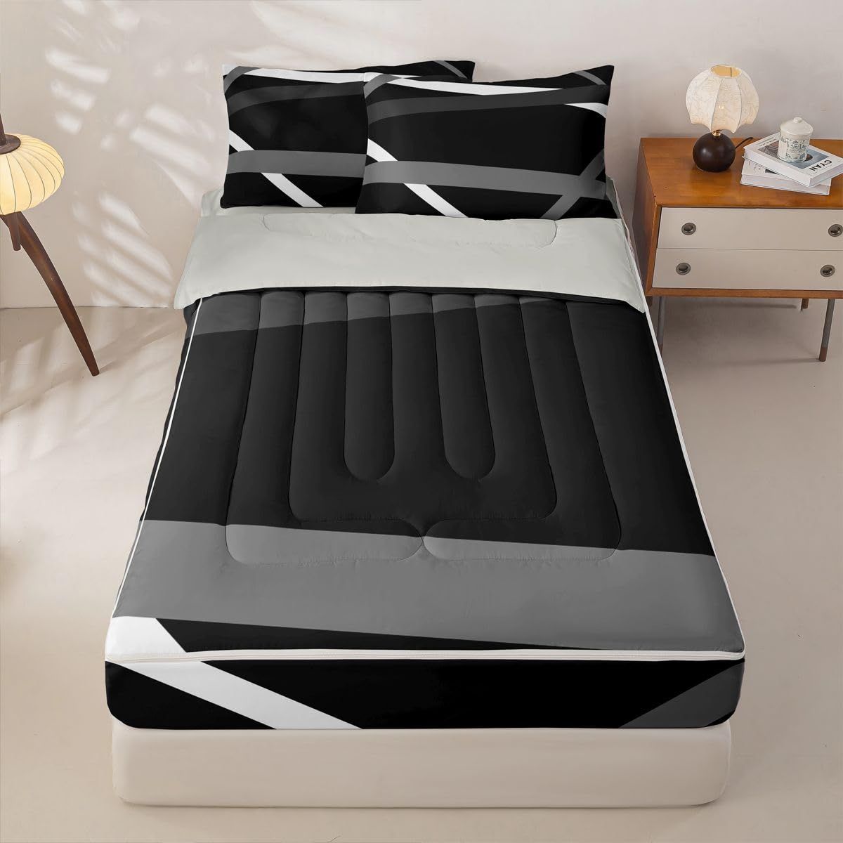 Erosebridal Gray Black White Striped Zippered Comforter Set for Adult Women Men - Modern Abstract Zipper Bedding Set Twin Size Geometric Lines Bed in a Bag Aesthetic Boho Comforter with Sheets