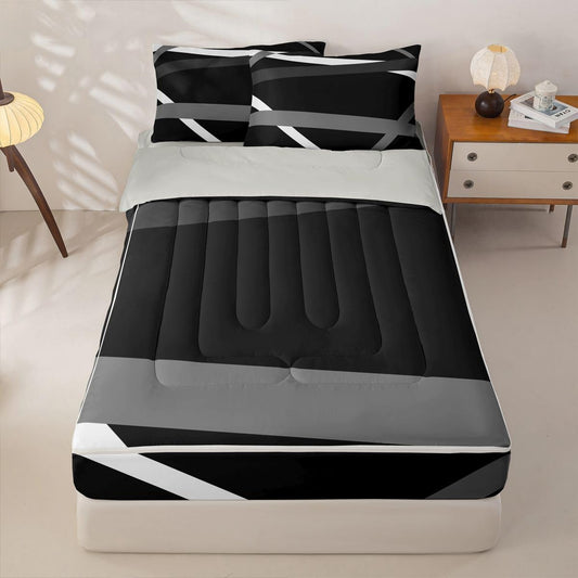 Erosebridal Gray Black White Striped Zippered Comforter Set for Adult Women Men - Modern Abstract Zipper Bedding Set Twin Size Geometric Lines Bed in a Bag Aesthetic Boho Comforter with Sheets