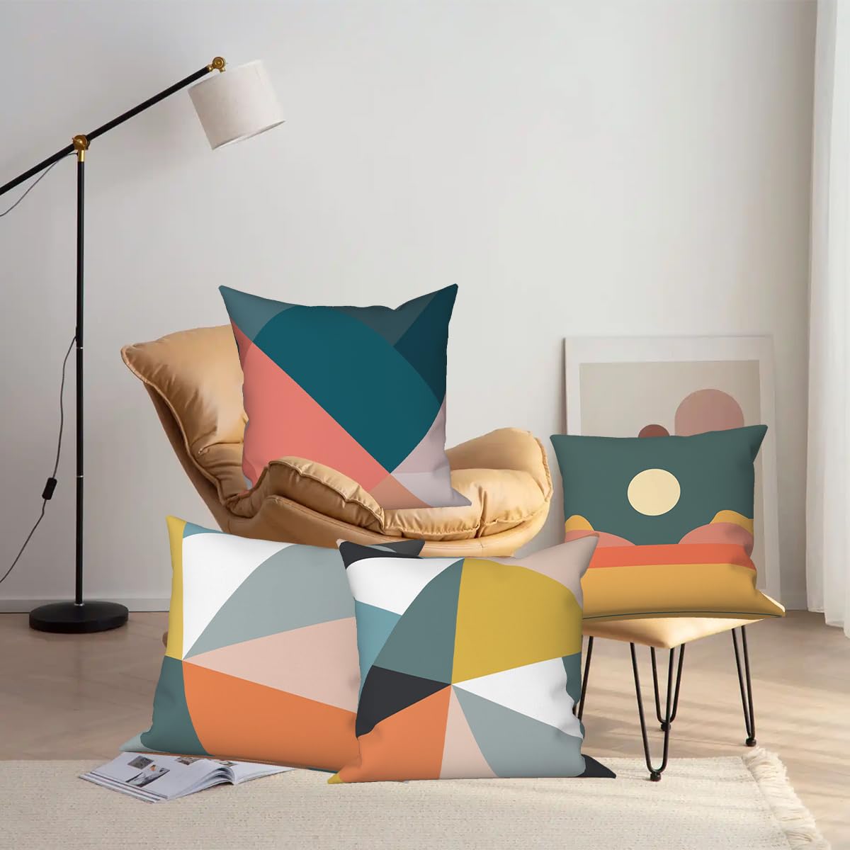Vie Savaran Geometric Throw Pillow Covers Colorful Geometry Strip Patchwork Sun Abstract Mid Century Modern 18x18 Set of 4 Linen Cushion Covers for Outdoor Couch Sofa Bedroom Patio Livingroom Garden