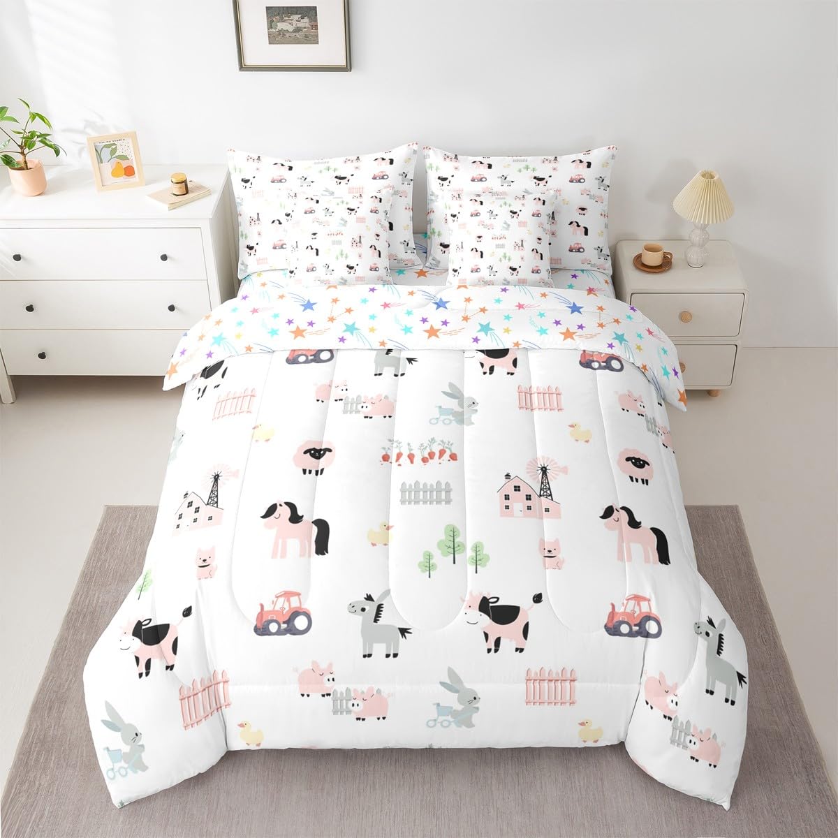 Erosebridal Cartoon Animals 7 Piece Bedding Set King Farm Comforter Set with Sheets Sheep Horse Rabbit Donkey Windmill Bed in a Bag Cow Tractor Duck Dog Pig for Kids Boys Girls
