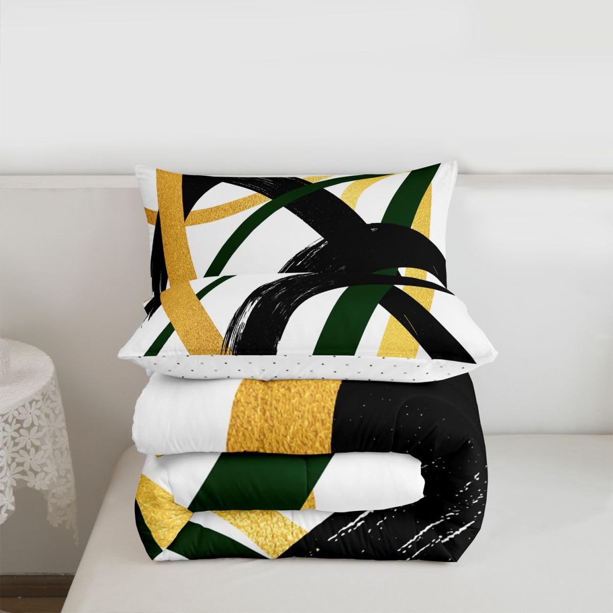 Feelyou Black Gold Green Comforter Set All Season Modern Abstract Geometric Bedding Set with 2 Pillow Cases Minimalist Neutral Microfiber Kids Queen Duvet Quilt Breathable Soft Lightweight