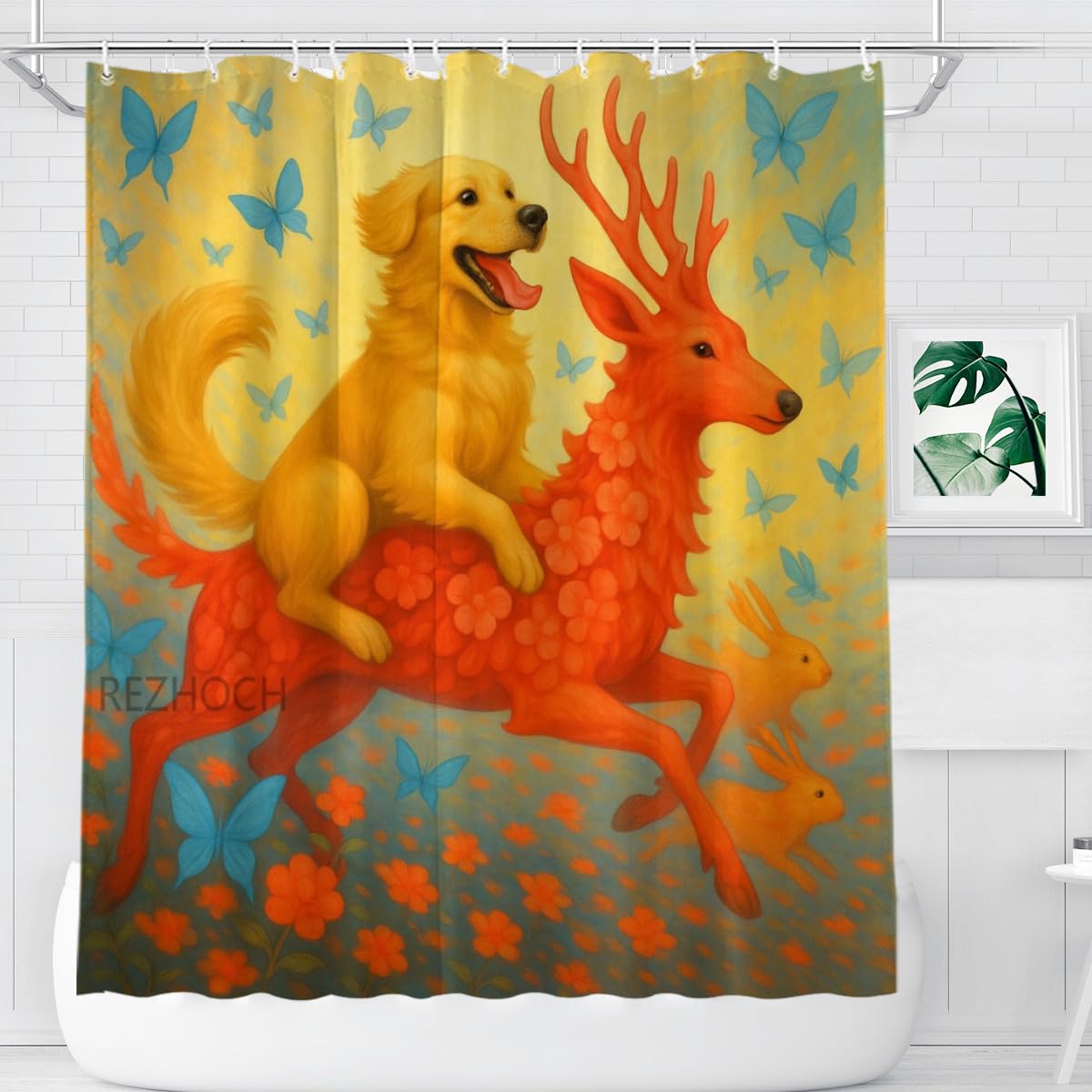REZHOCH Cute Deer Shower Curtain Golden Retriever Fantasy Animal Butterfly Flower Durable Waterproof Fabric Bathtub Sets All Season Home Bathroom Decoration 72x72inch with 12 Hooks
