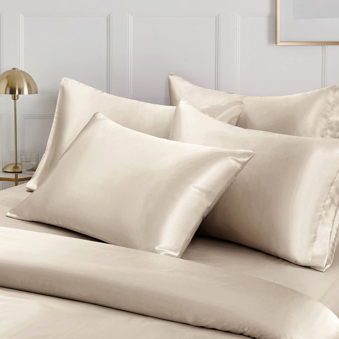 Ersmak 6 Pieces Satin Duvet Cover King Size Luxury Silky Bedding Duvet Cover Set with 1 Soft Duvet Cover, 4 King Pillowcases and 1 Body Pillowcase, Beige