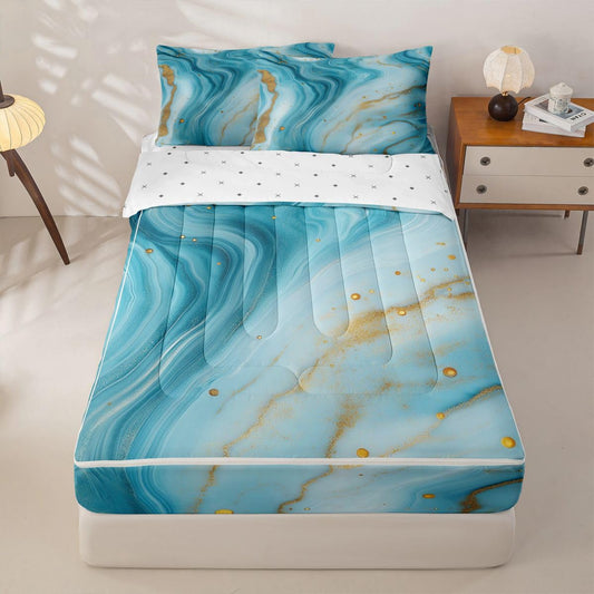 jejeloiu Marble Print Zipper Bedding Twin Abstract Zipper Bedding Sets for Kids Boys Girls Aqua Blue Comforter Set with Fitted Sheet and 2 Pillowcases Marble Swirl Pattern Bedroom Decor