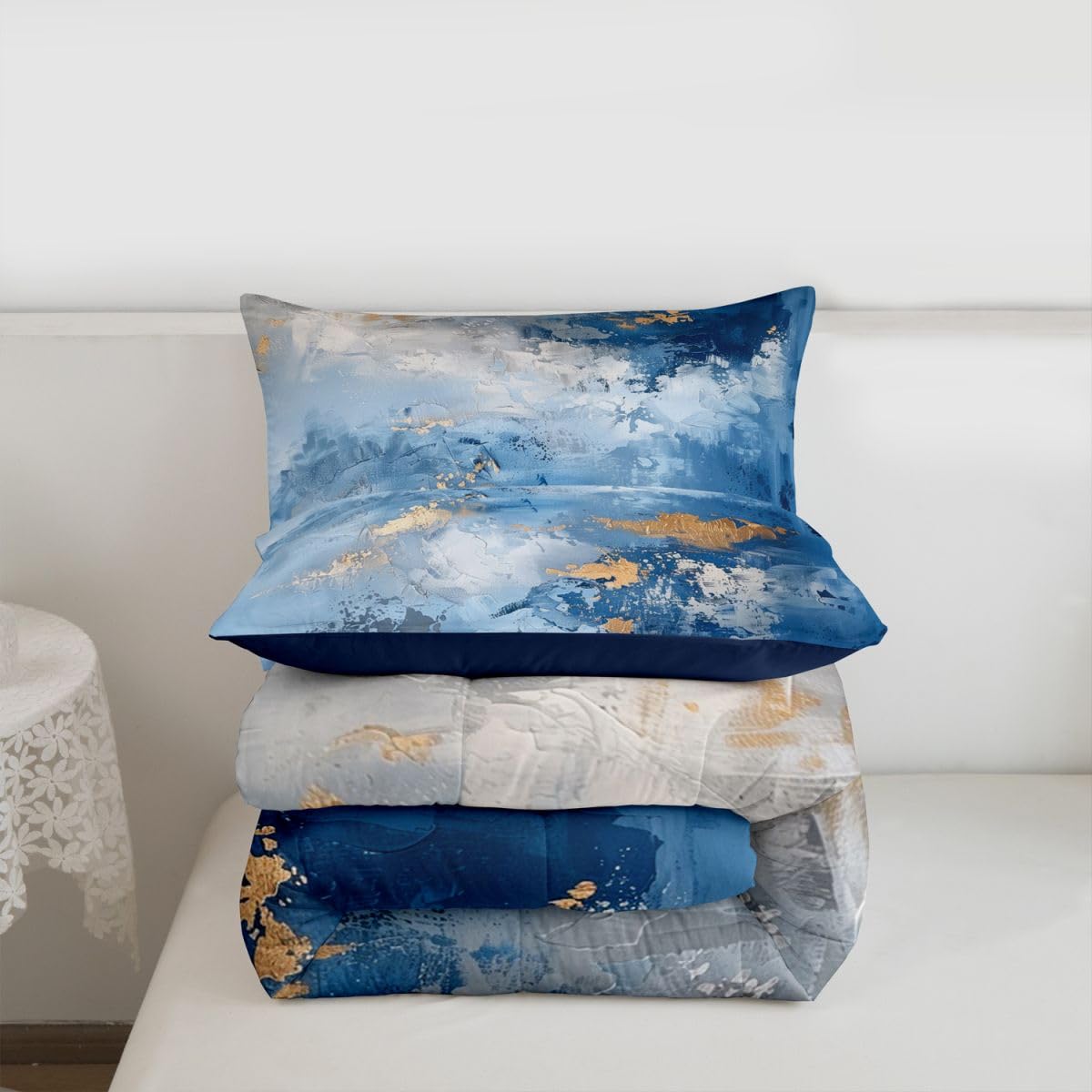 jejeloiu Abstract Kids Comforter Set Toddler Size Blue Modern Bedding Set Coastal Sunset Duvet Quilt for Kids Boys Girls Bedroom Decor Microfiber Ultra Soft Breathable