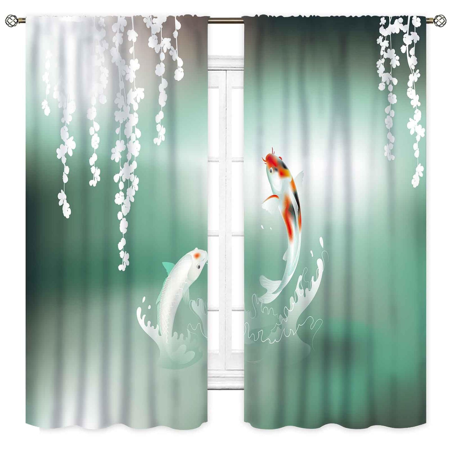 Koi Fish Curtains, Traditional Japanese Koi Carp Fish Printed Oriental Asian Style Retro Green Teal Curtains Drapes Treatmens for Bedroom Living Room Kitchen Bathrooom Windows 2 Panels, 42"x45" Inch