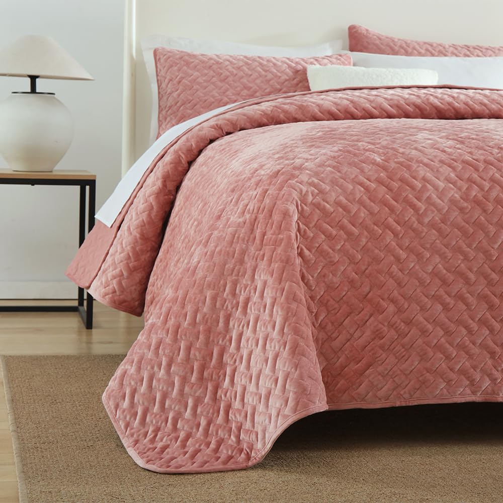 Liians Velvet Bedspread Quilt Bedding Sets,Luxury Soft Velvet Comforters Coverlet Blankets,Weave Stitching Pattern Cotton Quilted Bedspread for All Seasons, Pink,King Size