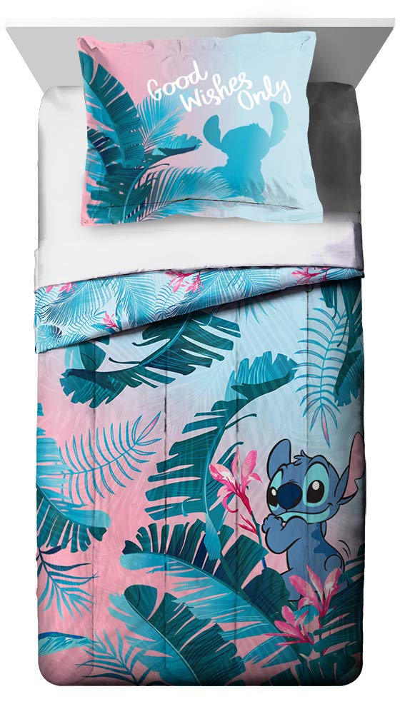 Jay Franco Disney Lilo & Stitch Floral Fun Twin Comforter & Sham Set - Super Soft Kids Reversible Bedding - Fade Resistant Microfiber (Official Disney Product)