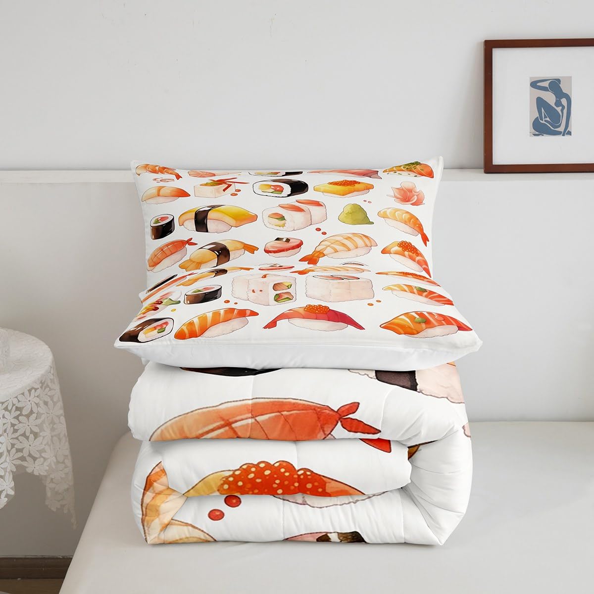 Erosebridal Cute Sushi Bedding Set Queen,Japanese Food Comforter Set Sushi Gifts for Kids Teens Adults,Anime Style Quilt Bed Set Funny Food Bed Comforter Sets with 2 Pillowcases Bedroom Decor