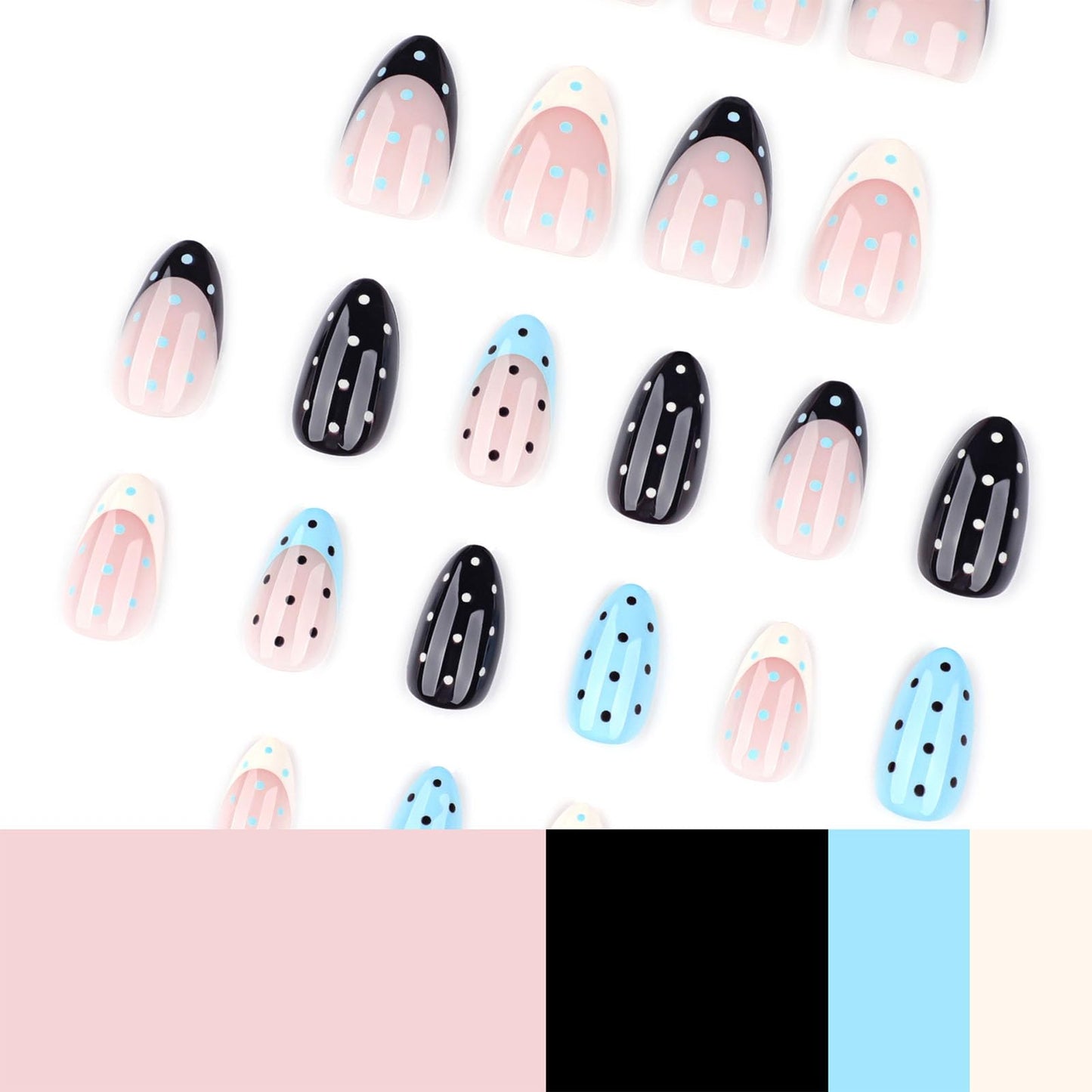Polka Dot French Tip Press on Nails Short Almond Fake Nails Black White Blue Stick on Nail Full Cover Reusable False Nail for Women 24Pcs