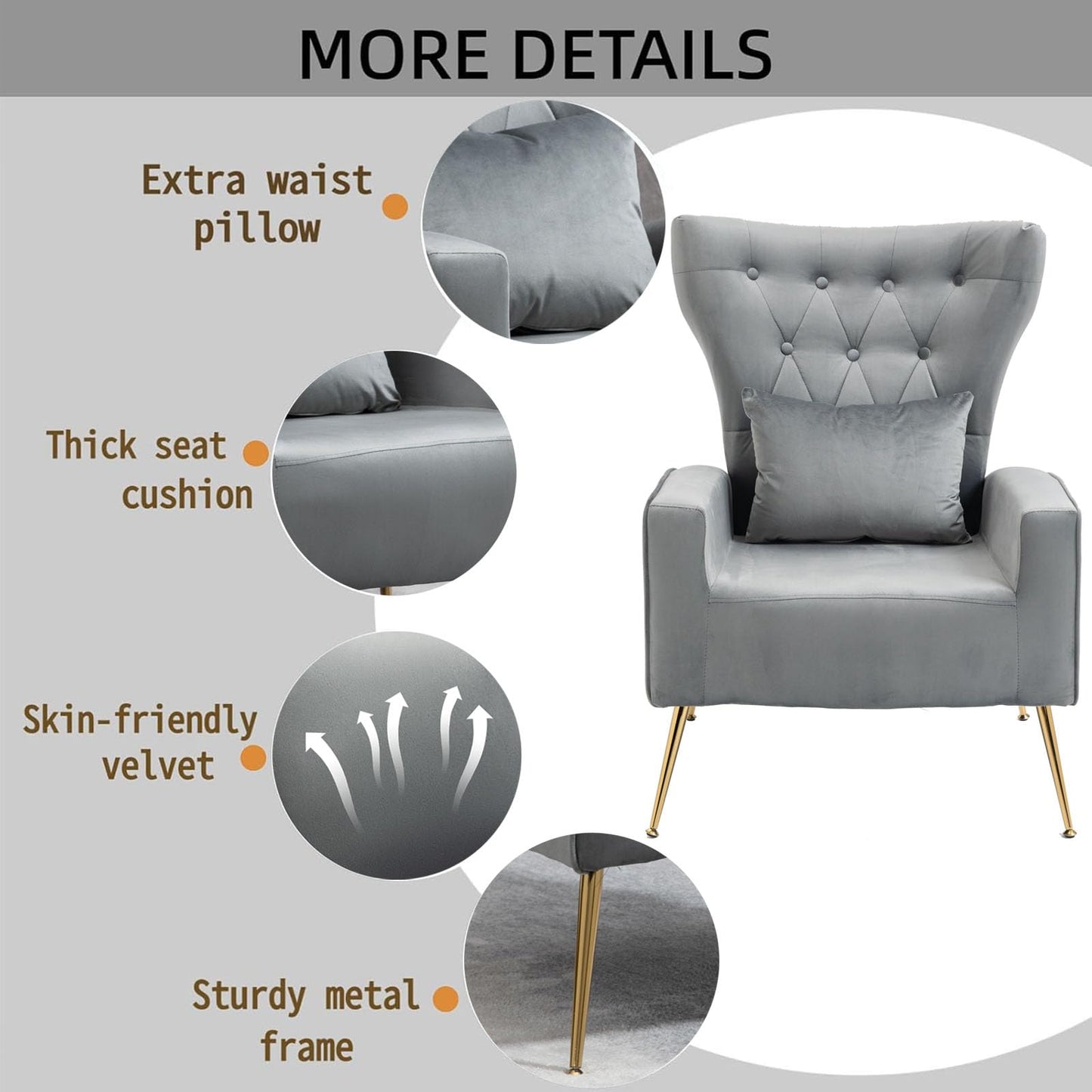 X-VOLSPORT Button-Tufted Velvet Accent Chairs Set of 2, Mid Century Modern Living Room Chair with High Wingback, Upholstered Arm Chair with Metal Gold Legs for Bedroom, Club, Gray